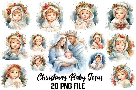 Christmas Baby Jesus Watercolor Clipart and Illustrations